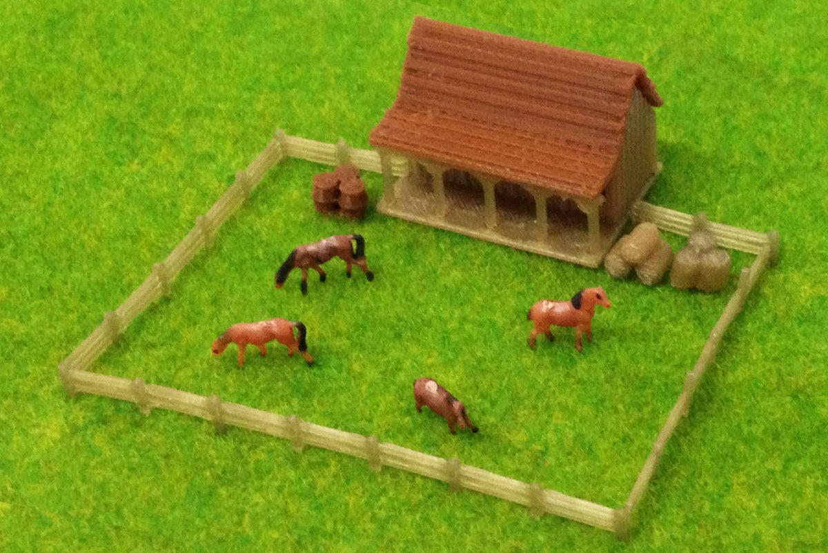 Z Scale Country Stable Model - Horses & Grass, Train Railway Layout Barn, Outland Models