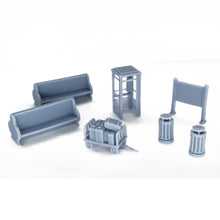 Laden Sie das Bild in den Galerie-Viewer, Train Station Accessory Set: Phone Booth, Bench, Trash Bin... 1:87 HO Scale Outland Models Railway Scenery