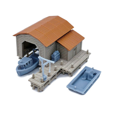Boat House Set with Boat and Pier 1:160 N Scale