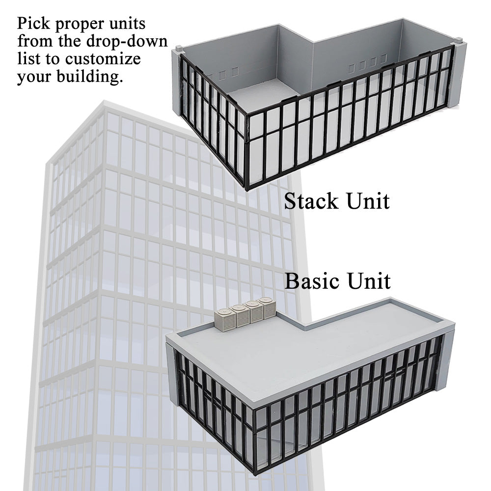 Modern Commercial Box Building L-Shape Stackable 1:64 S Scale